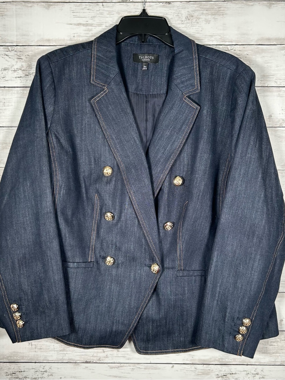 Talbots Refined Dark Denim Double Breasted Gold Crest Buttons Jacket 18 WP NEW